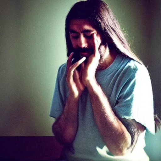 Prompt: “Jesus takes a call on his iPhone”
