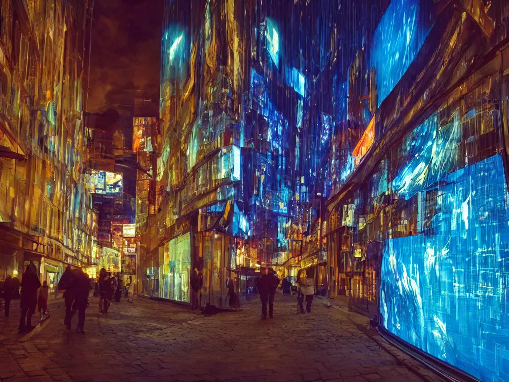 Prompt: streets with curved translucent screens projecting detailed sci - fi art ( 2 0 4 2 ), pixel perfect photograph, high contrast, volumetric lighting, thin glowing lights, chair, users, pair of keys