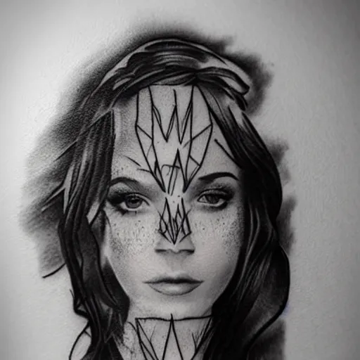 Image similar to realistic tattoo sketch of a beautiful woman face double exposure with a mountain scenery