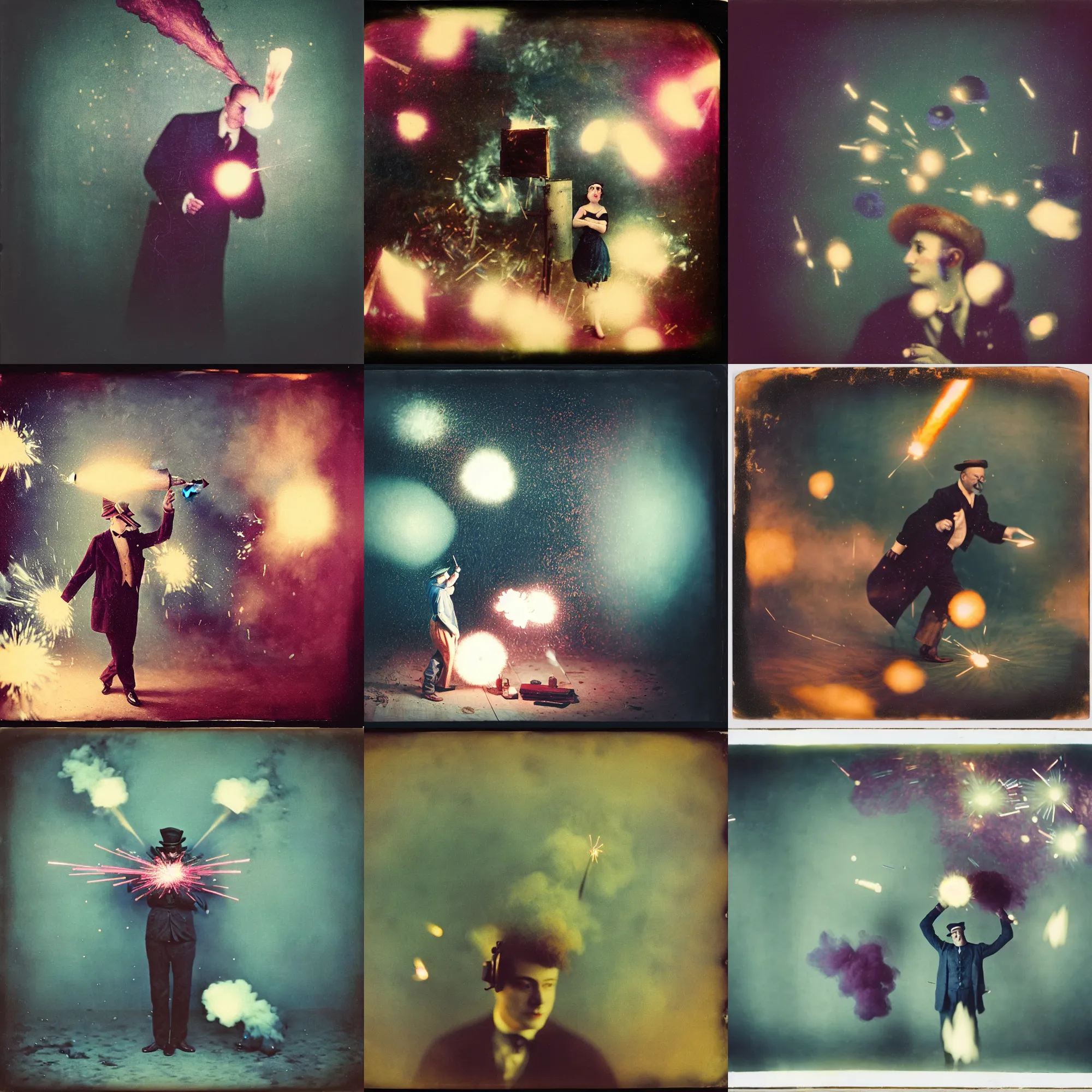 Image similar to kodak portra 4 0 0, wetplate, muted colours, blueberry, 1 9 1 0 s style, motion blur, portrait photo of a backdrop, explosions, rockets, sparkling, by georges melies and by britt marling