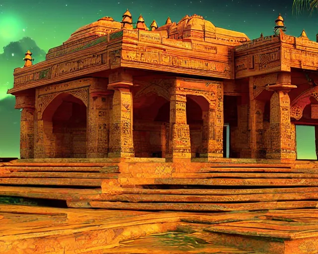 Image similar to ancient indian structure, retrowave epic art, trending on art station