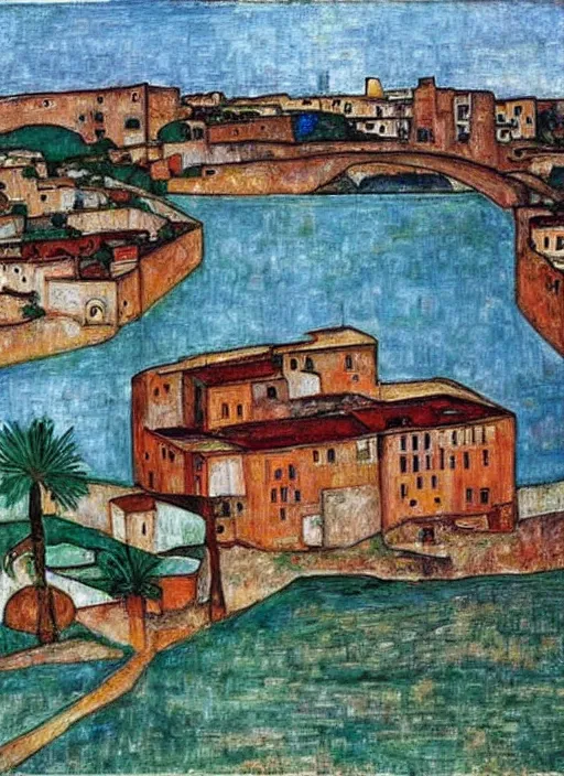 Prompt: small city in morocco with a bridge on local river, ten number house near a lot of palm trees, painting by egon schiele