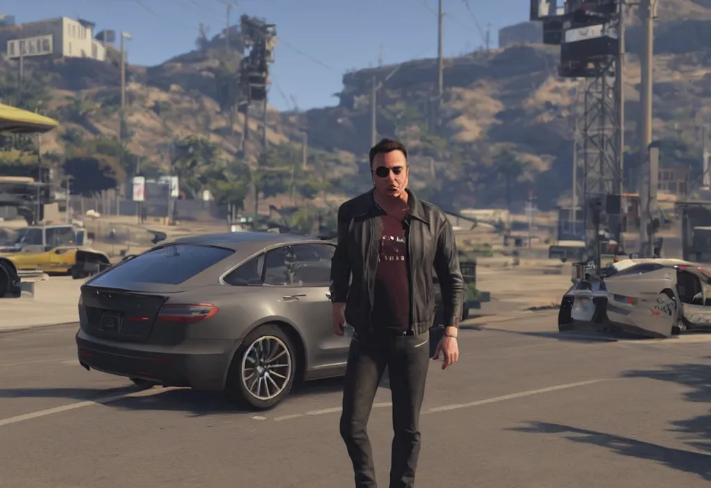 Image similar to elon musk in the video game in gta 5, gameplay screenshot, close up, 3 d rendering. unreal engine. amazing likeness. very detailed.