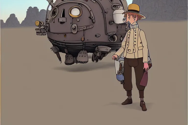 Image similar to a study of a cell shaded cartoon of a grey mechanized punk from howl's moving castle ( 2 0 0 4 ), on a desert road, full body, wide shot, very muted colors, post grunge, studio ghibli, laurie greasley, highly detailed, deviantart, art by artgem