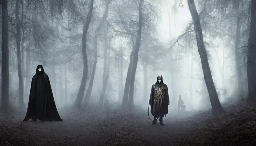 Prompt: portrait of a man in a long flowing hooded cloak and a skull mask on a path of a dark forest, ray traced lighting by Gerald Brom and Greg Rutkowski