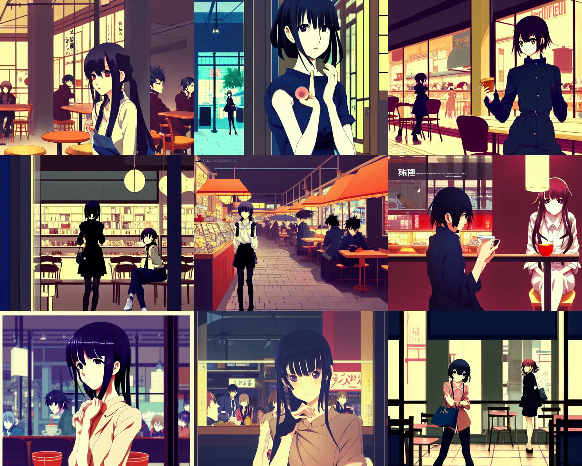 Prompt: anime frames, anime visual, portrait of a portrait of a young woman visiting a busy cafe interior at night shopping, very low light cute face by ilya kuvshinov and yoh yoshinari, katsura masakazu, mucha, dynamic pose, dynamic perspective, strong silhouette, anime cels, rounded eyes, dark blue tint, contrasting shadows