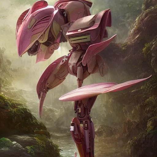 Image similar to futuristic nymphaea themed mecha waterlily upper body, sepals forming helmet, highly detailed, nymphaea, 8 k hd resolution, barbatos mech with floral inlay, bandai box art, star wars, makoto kobayashi, frank gehry, raymond swanland