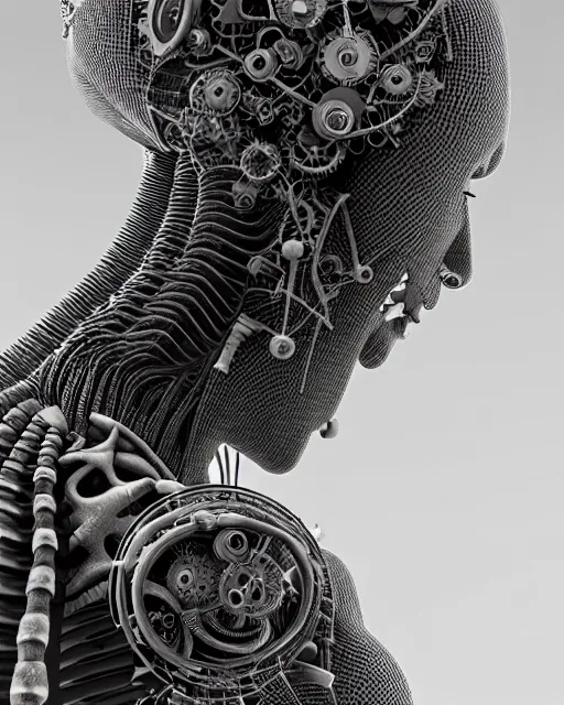 Image similar to mythical black and white organic bio-mechanical spinal ribbed profile face portrait detail of mechanical beautiful female angelic-vegetal-cyborg, highly detailed, intricate steampunk ornate, poetic, 3D render, digital art, octane render, 8K artistic photography, photo-realistic, by Dora Maar