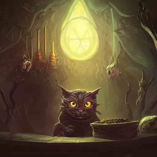 Image similar to Anthropomorphized dark Cat, evil, brewing potion in witch Hut, magic the gathering artwork, horror, D&D, fantasy, cinematic lighting, centered, symmetrical, highly detailed, digital painting, artstation, concept art, smooth, sharp focus, illustration, volumetric lighting, epic Composition, 8k, art by Akihiko Yoshida and Greg Rutkowski and Craig Mullins, oil painting, cgsociety