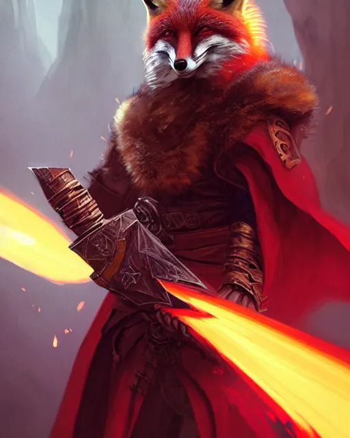 Image similar to Fox Warrior holding small bag, evil smile, medium shot, D&D, artstation, fantasy, magic the gathering artwork, cinematic lighting, centered, symmetrical, highly detailed, digital painting, , concept art, smooth, sharp focus, illustration, volumetric lighting, epic Composition, 8k, art by Akihiko Yoshida and Greg Rutkowski and Craig Mullins, oil painting, cgsociety