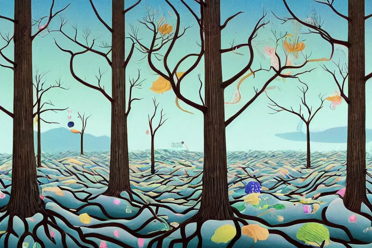 Image similar to A surreal winter forest landscape with barren trees by Chiho Aoshima and Salvador Dali