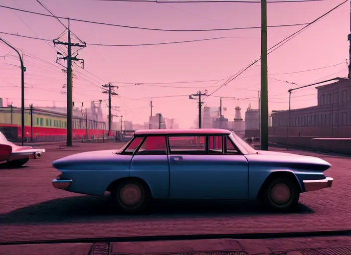 Image similar to hyperrealistic matte painting of gta moscow, 1 9 6 0, playstation 5 screenshot, mega details, golden hour, beautiful rtx reflections, soviet suburbs, photorealistic, unreal engine 5, octane render, volumetric light, featured on cg society, 4 k, 5 0 mm bokeh, kodachrome, russian lada car, artstation