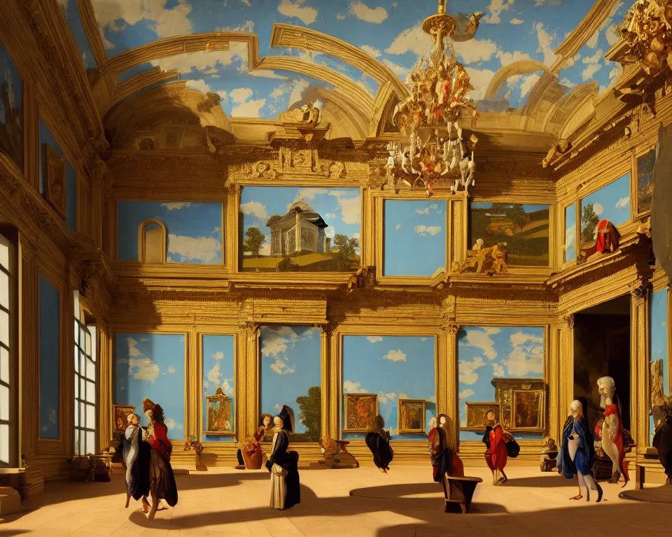 Prompt: an achingly beautiful print of the interior of a baroque art museum with vibrant paintings along the walls, classical antiquities on display, and potted plants by Raphael, Hopper, and Rene Magritte. detailed, romantic, enchanting, trending on artstation.