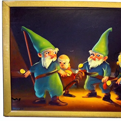 Prompt: vintage painting of gnomes invading a house at night, father defending family with a broom,