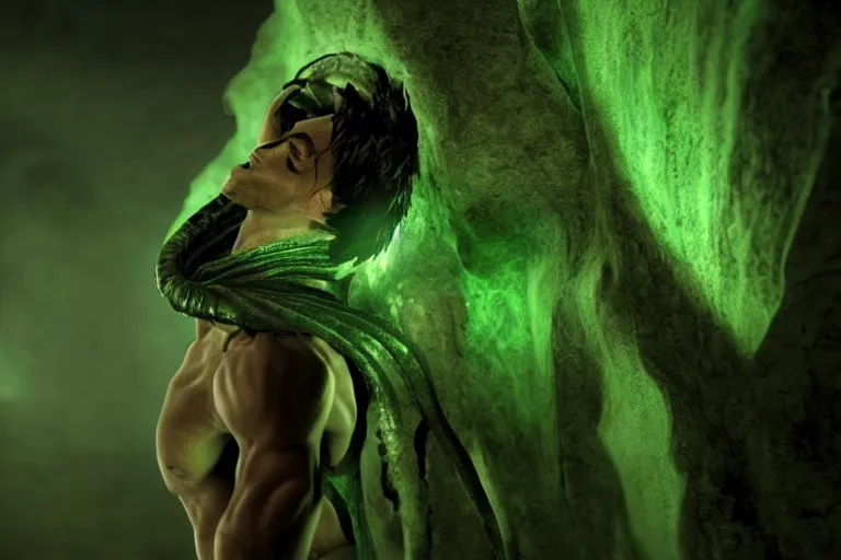 Image similar to vfx film, soul reaver, raziel irl, price of persia movie, missing jaw, hero pose, devouring magic souls, glowing green soul blade, in epic ancient sacred huge cave temple, flat color profile low - key lighting award winning photography arri alexa cinematography, hyper real photorealistic cinematic beautiful, atmospheric cool colorgrade