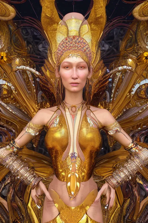 Prompt: a highly detailed metahuman 4 k close up render of an alien goddess bella hadid as durga in iris van herpen dress schiaparelli in diamonds swarovski and jewelry in style of alphonse mucha gustav klimt trending on artstation made in unreal engine 4