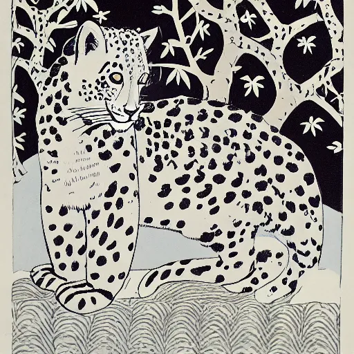 Image similar to A snow leopard smoking a pipe, woodblock print, by Aubrey Beardsley
