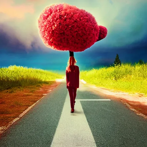 Image similar to giant cherry flower as a head, girl walking in a canyon, surreal photography, sunrise, dramatic light, impressionist painting, colorful clouds, digital painting, artstation, simon stalenhag