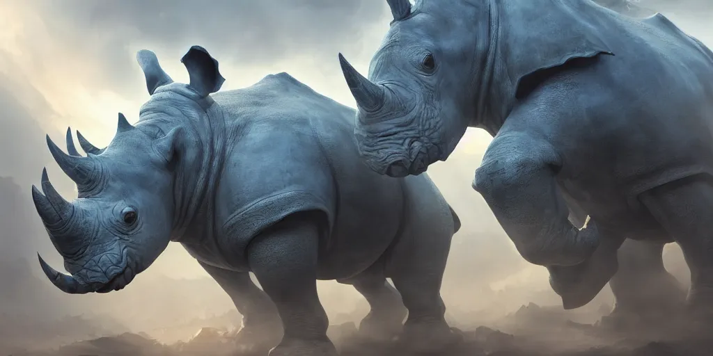 Prompt: an anthropomorphic blue Rhinoceros wearing plate paladin armor, forward facing angle, stunning 3d render , art by Tooth Wu and beeple and greg rutkowski and artgerm and justin gerard, dim volumetric lighting, 8k octane beautifully detailed render, post-processing, extremely hyperdetailed, intricate complexity, epic composition, grim yet sparkling atmosphere, masterpiece, trending on artstation