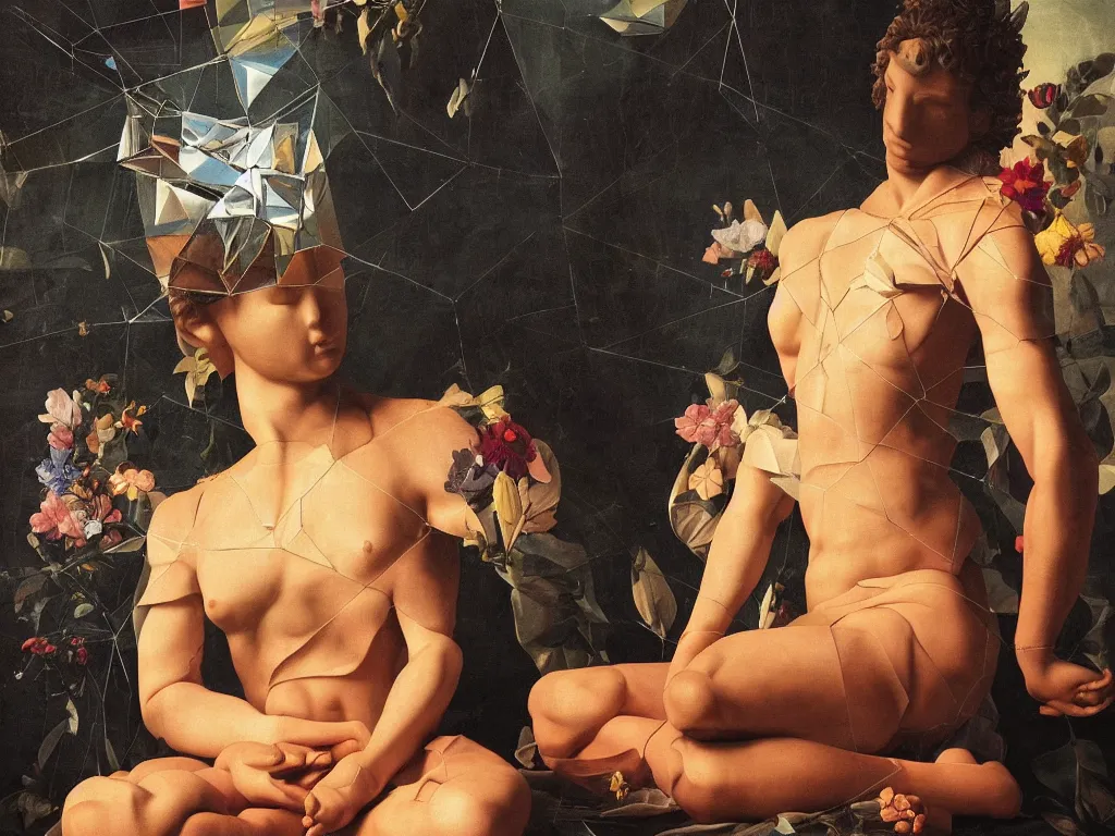 Image similar to hyperrealistic still life painting of a 3d statue sitting down cross legged goddess meditating, wrapped in fabric and gently smiling, surrounded by prisms in a tesseract, by Caravaggio, botanical print, surrealism, vivid colors, serene, golden ratio, minimalism, negative space