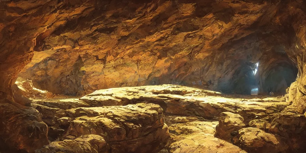 Image similar to painting of majestic curved wall in a dark cave with rocky ground, art by james gurney and greg rutkowski, vivid colors