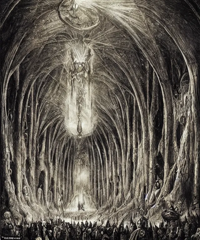 Image similar to mines of moria, khazad dum, halls of durin, middle earth, jrr tolkien, a bright orb of light in the center of a grand hall, outer edges fade into pitch black, creatures crawling out from the darkness toward the light, in the style of hieronymus bosch