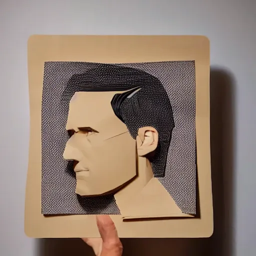 Prompt: a 2 d flat layered paper portrait of a man with wavey short hair, made from paper, friedly smile, raised eyebrows, ambient light, shadow art