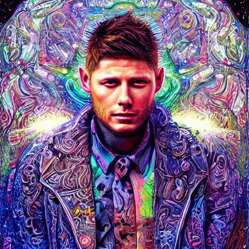 Image similar to portrait of jensen ackles, hyper detailed masterpiece, neon floral pattern, jean giraud, digital art painting, darkwave goth aesthetic, psychedelic, artgerm, donato giancola and tom bagshaw