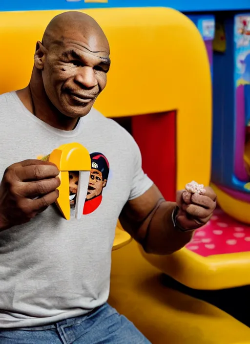 Image similar to Mike Tyson eating a happy meal in the McDonalds play place, photograph, high quality, detailed, sharp