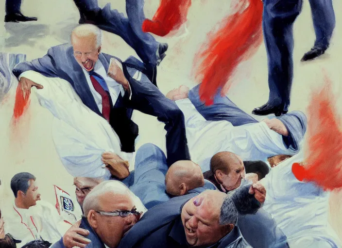 Image similar to Joe Biden kicks a fat man in the face, 8K, high quality, highly detailed