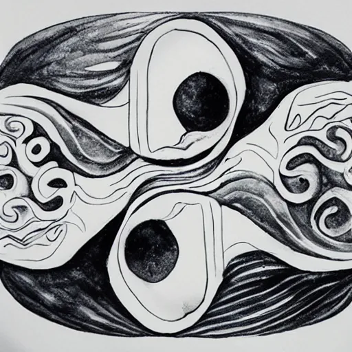 Image similar to whimsical yin Yang sea creatures, ink and wash