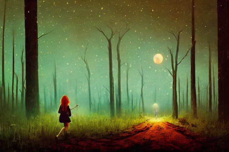 Prompt: giant daisy flower head, girl walking in a moonlit forest, hills, surreal photography, dark night, star trails, dramatic light, impressionist painting, clouds, digital painting, artstation, simon stalenhag