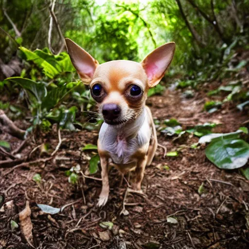 Prompt: A national geographic high resolution wide angle shot of a chihuahua in an African Wild Jungle street