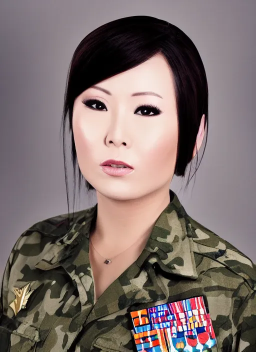 Image similar to portrait of hitomi tanaka wearing a military uniform, backround : army base with soldiers training nearby, by charlotte grimm, studio light, detailed face, canon eos c 3 0 0, ƒ 1. 8, 3 5 mm, 8 k, medium - format print, half body shot