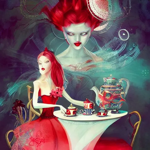 Image similar to the red queen from alice in wonderland having a tea party by anna dittmann, highly detailed, bright tones