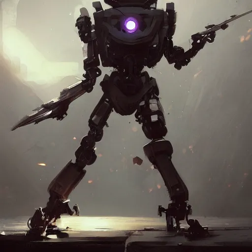 Image similar to a villan robot holding a powerful weapon, hyperrealistic, trending on art station, greg rutkowski