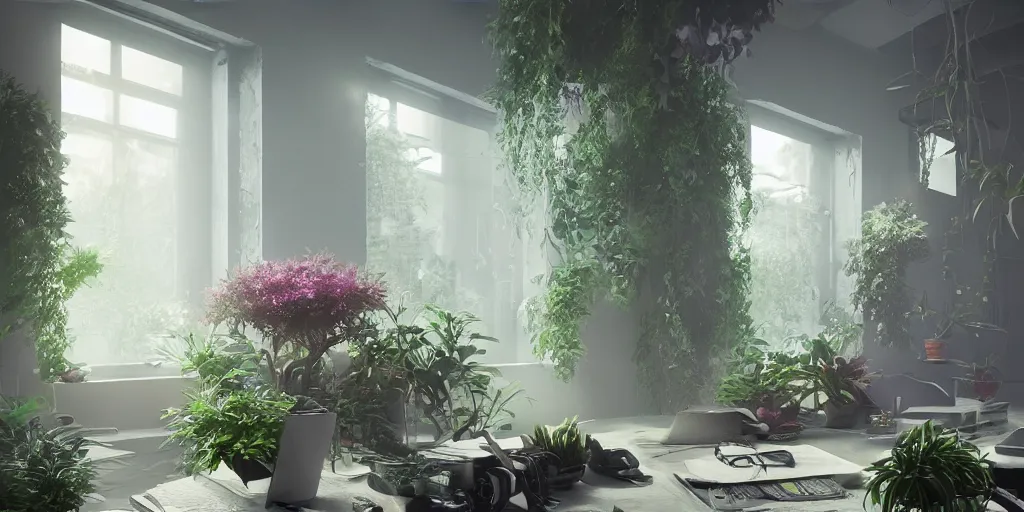 Image similar to kamwei fong cat desk office mirrors plants gloomy strange weird mist curious fish luminous bloom windows insect atmosphere sense awe 4 k 8 k render 3 d unreal engine 5 octane by nikolina petolas