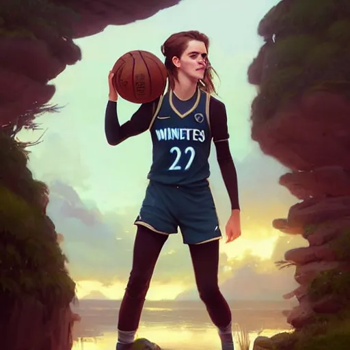 Image similar to unreal engine render of emma watson in a minnesota timberwolves uniform, fantasy art by greg rutkowski, loish, rhads, ferdinand knab, makoto shinkai and lois van baarle, ilya kuvshinov, rossdraws, tom bagshaw, global illumination, radiant light, detailed and intricate environment