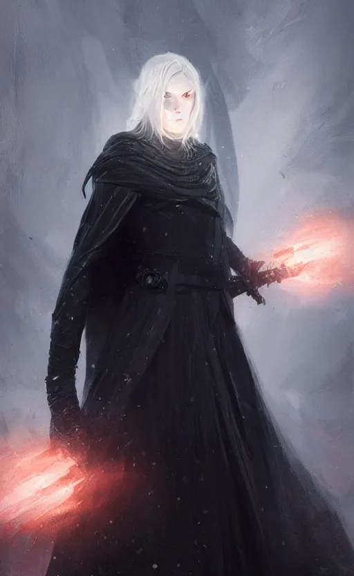Prompt: Portrait of an aasimar in a black cloak with glowing eyes, detailed face, fantasy, highly detailed, cinematic lighting, digital art painting by greg rutkowski