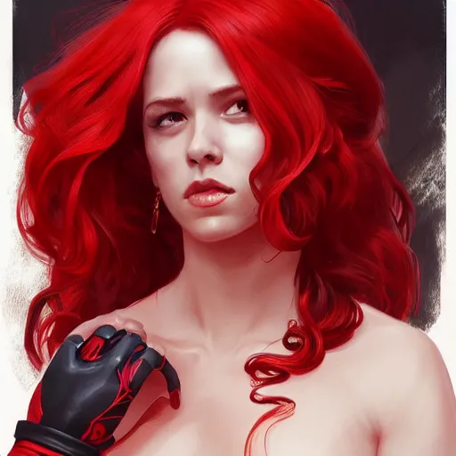 Image similar to portrait of a girl wearing deadpool costumes, upper body, red hair, long hair, d & d, fantasy, fierce, sharp features, intricate, elegant, highly detailed, digital painting, artstation, concept art, matte, sharp focus, illustration, art by artgerm and greg rutkowski and alphonse mucha