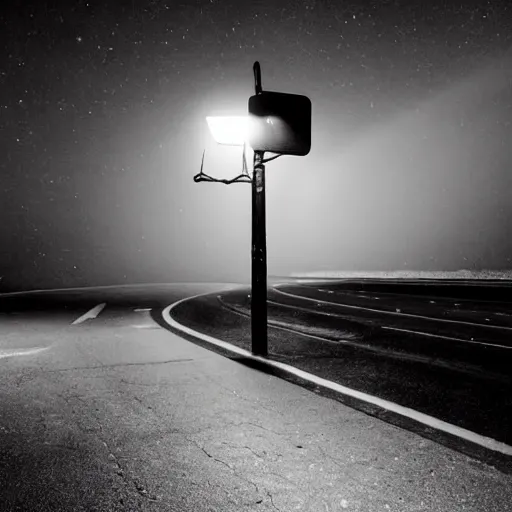 Image similar to A stunningly beautiful award-winning 8K high angle close up cinematic movie photograph of a spooky foggy empty lightless moonlit main intersection in an abandoned 1950s small town at night, by David Fincher and Darius Khonji. perfect composition, shot from roofline, moody low key backlit. Color palette from Seven, greens yellows and reds. 2 point perspective, high angle from 15 feet off the ground. Octane render