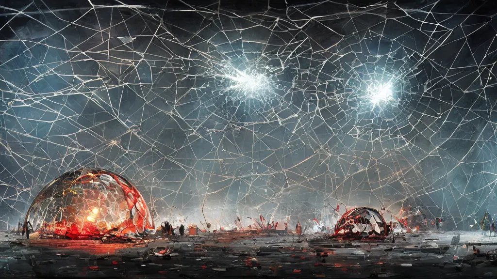 Prompt: an array of tesla coils inside a shattered glass dome in a warehouse, tesla coils, explosions, shattered abstractions, shattered wall, triangles, trending on artstation, isometric painting by totem 2, ashley wood, jeremy mann, award winning masterpiece, symmetrically isometrically centered