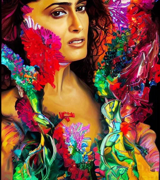 Prompt: beautiful painting of salma hayek by dariusz zawadski, contemporary, creepy, colorful acrylic, realistic portrait by kehinde wiley and archan nair