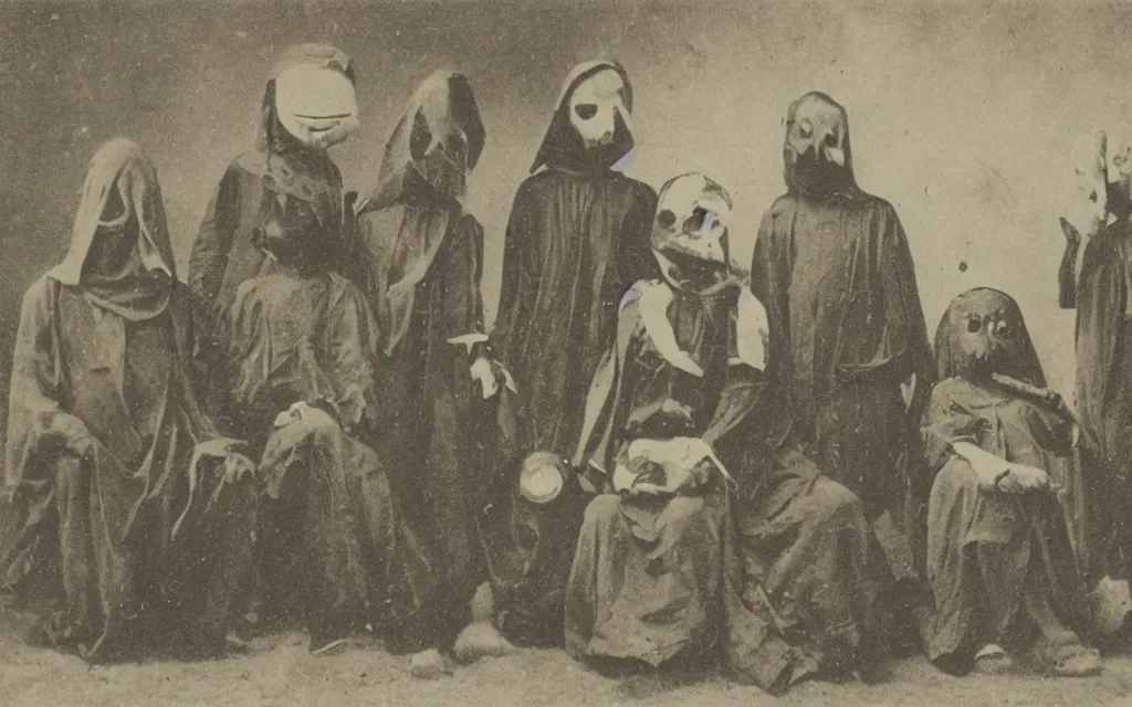 Prompt: 19th century photo of a cult dark old cultists wearing masks with ugly monster by Louis Daguerre