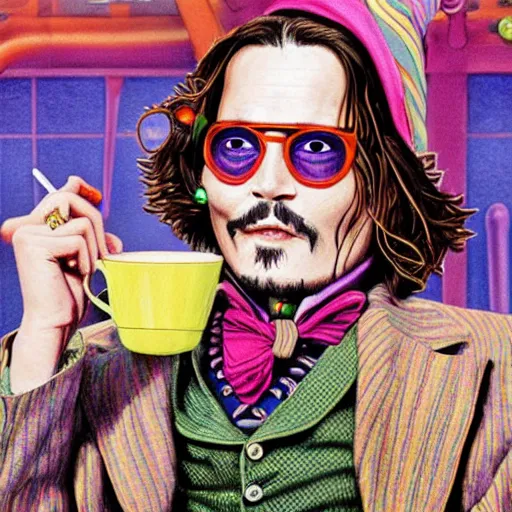Prompt: Johnny Depp is covered in a blanket and drinking tea in Willy Wonka's Chocolate Factory, Illustration, Colorful, insanely detailed and intricate, super detailed, by mbsjq