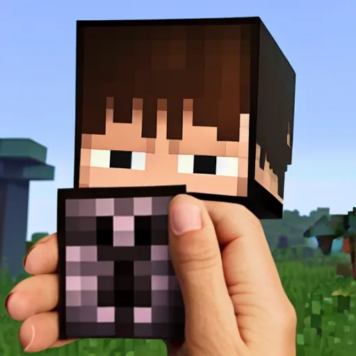 Prompt: minecraft steve!!!! holding!!!!! an iphone in his hand!!!!!!, 4 k, 8 k, photorealistic imagery