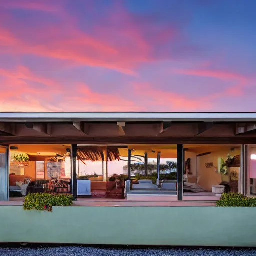 Image similar to a mid-century Eichler Home on the beach at sunset in the style of sunset magazine and dwell magazine. Highly detailed, photorealistic, 8k 35mm, award winning architecture photography