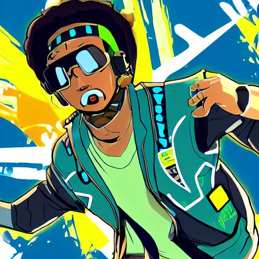 Prompt: woolie madden in jet se radio future, bomb rush cyberfunk, jet set radio sequel, cel - shading, unreal engine 5