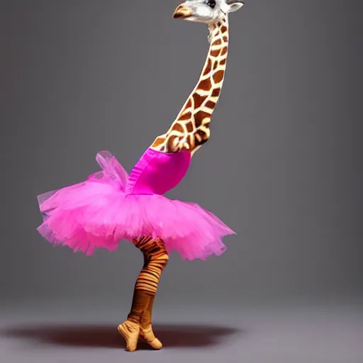 Image similar to a giraffe ballet dancer in a tutu