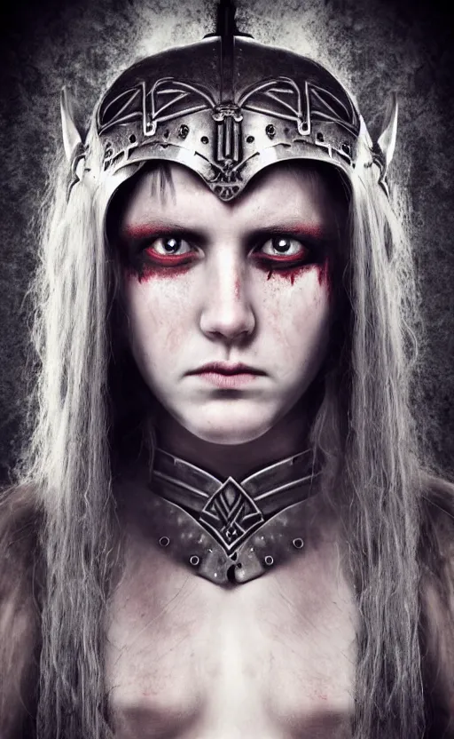 Prompt: symmetrical photorealistic photograph of beautiful female teen viking warrior with large angry eyes, bloody, cinematic,